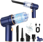 Cordless handheld vacuum with attachments, USB charging, and transparent dustbin design