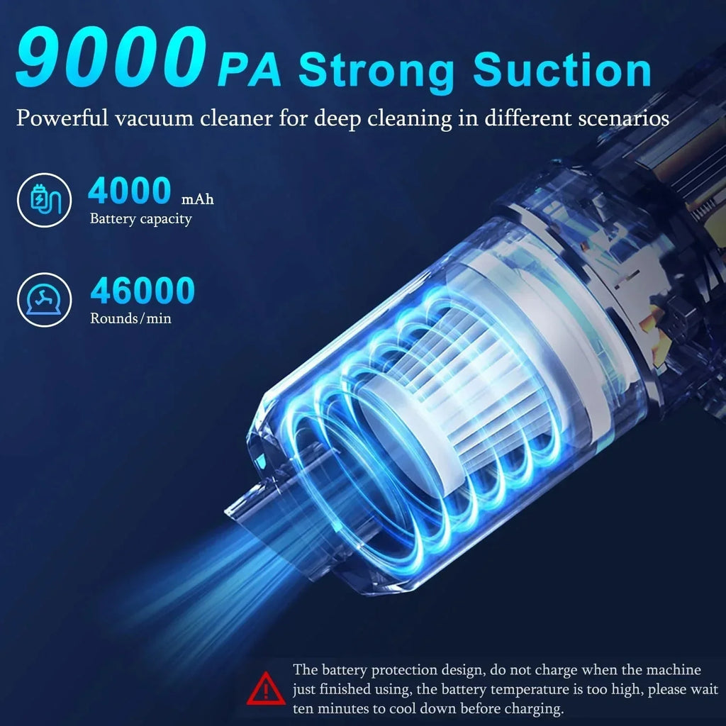 Powerful 9000PA vacuum cleaner with 4000mAh battery and 46000 RPM for deep cleaning