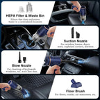 Portable car vacuum with HEPA filter, suction, blow, and floor brush nozzles for cleaning interiors