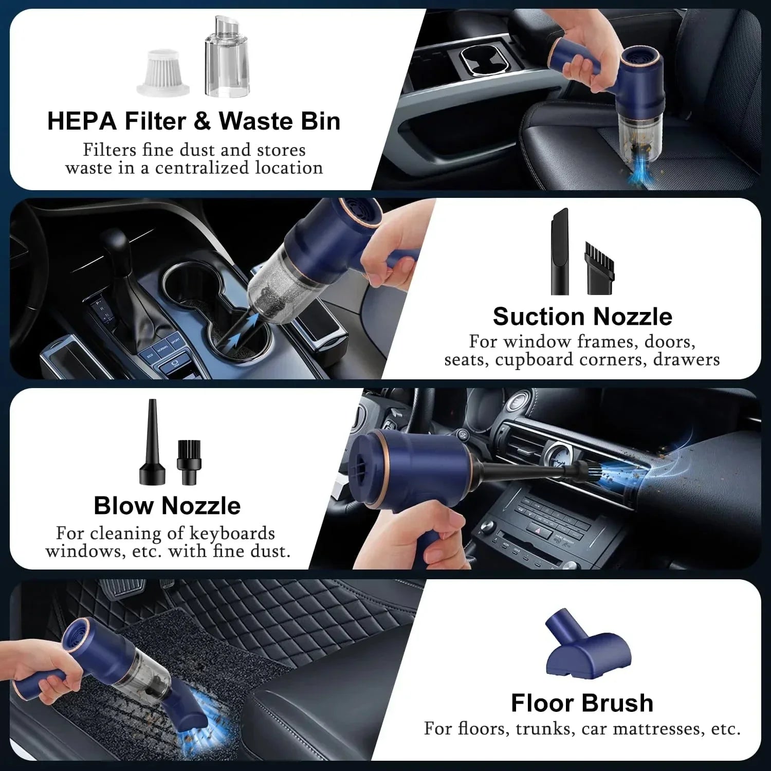 Portable car vacuum with HEPA filter, suction, blow, and floor brush nozzles for cleaning interiors