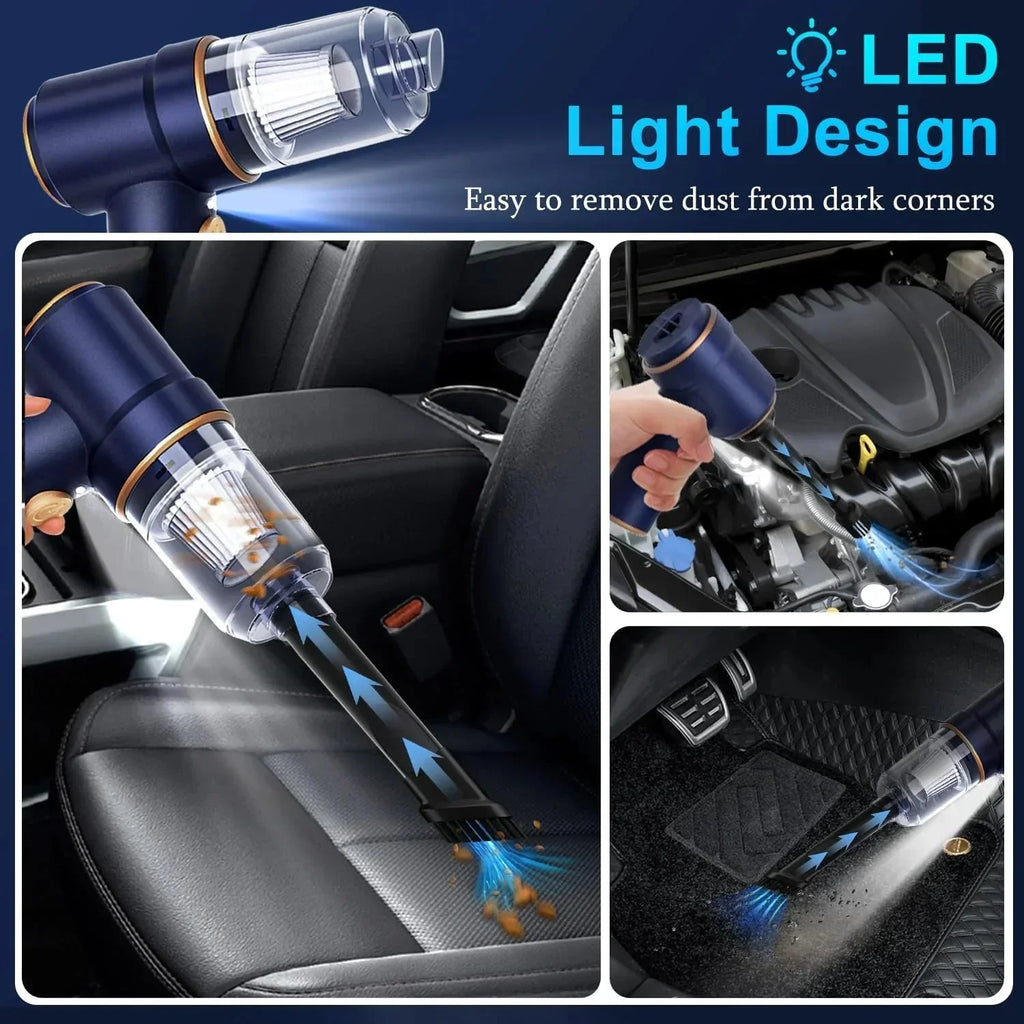Portable car vacuum with LED light for cleaning seats, engine, and floor mats
