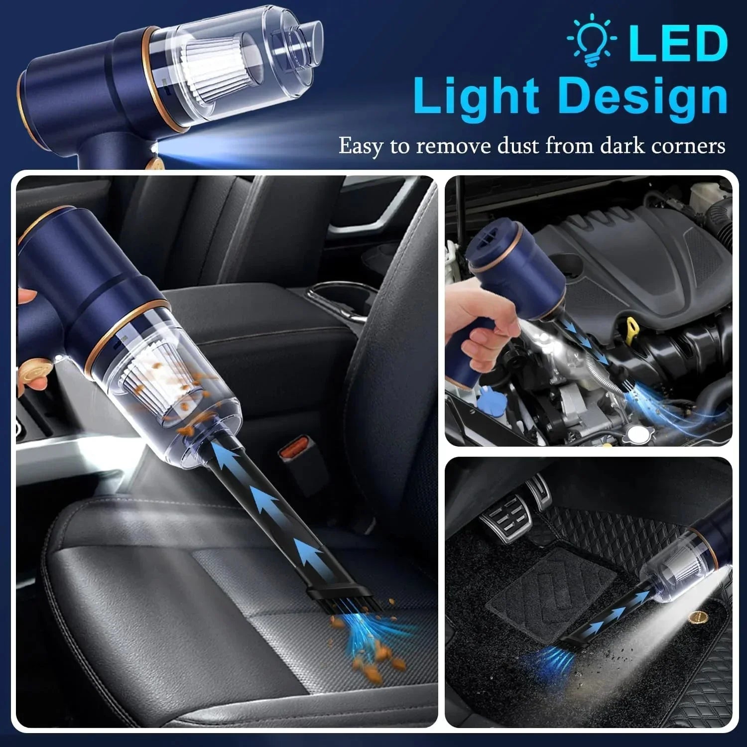 Portable car vacuum with LED light for cleaning seats, engine, and floor mats