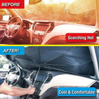Car sunshade umbrella for cool, comfortable interior, reducing scorching heat before and after use