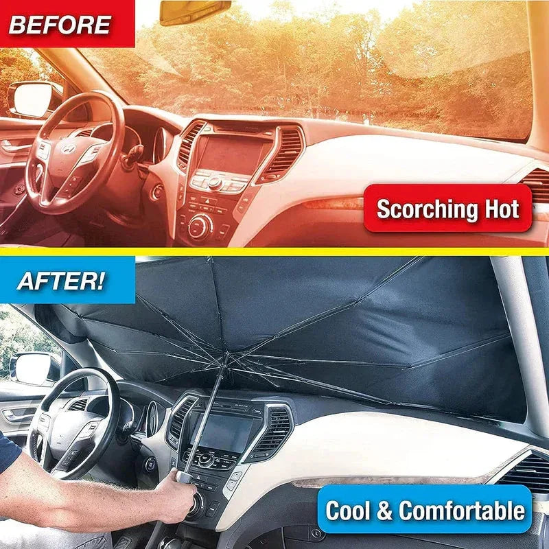 Car sunshade umbrella for cool, comfortable interior, reducing scorching heat before and after use