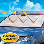 Car windshield sun shade blocks heat & UV rays, reflective shield for front window protection