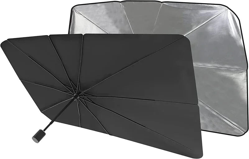 Black and silver car sunshade with foldable design for windshield protection