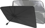 Black and silver car sunshade with foldable design for windshield protection