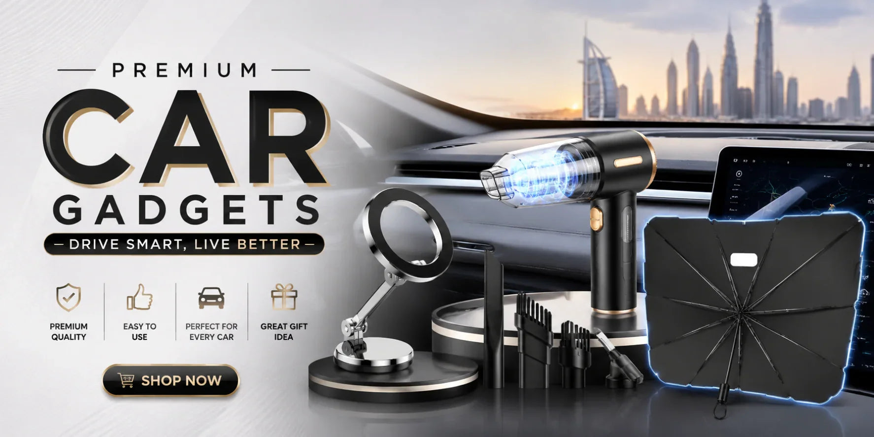 Premium car gadgets for smart driving with LED light, mirror, and tech accessories