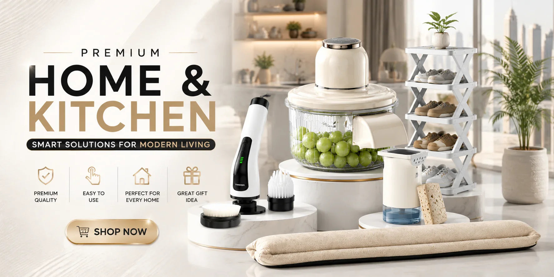 Premium home & kitchen appliances including food processor, cleaning brush, and shoe rack for modern living