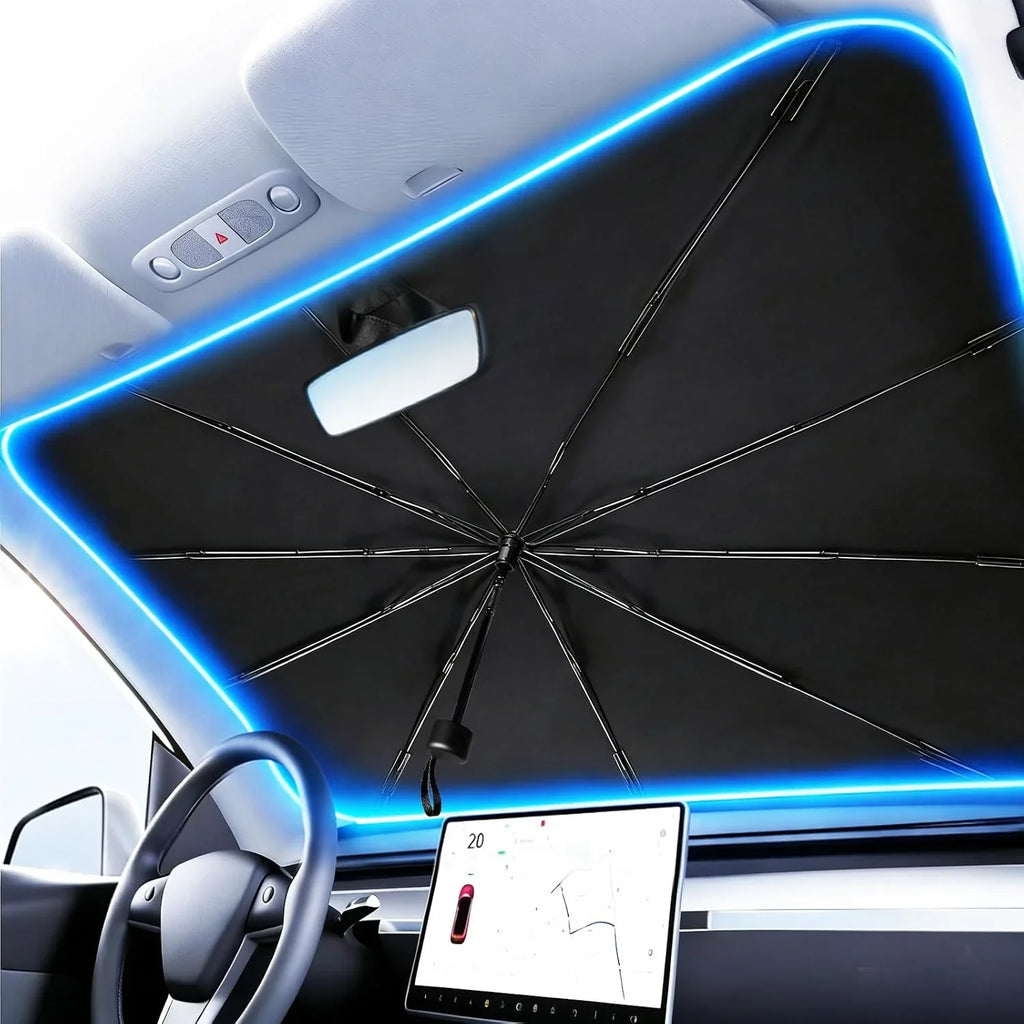Car sunshade with blue LED lighting, protecting interior from sunlight and heat
