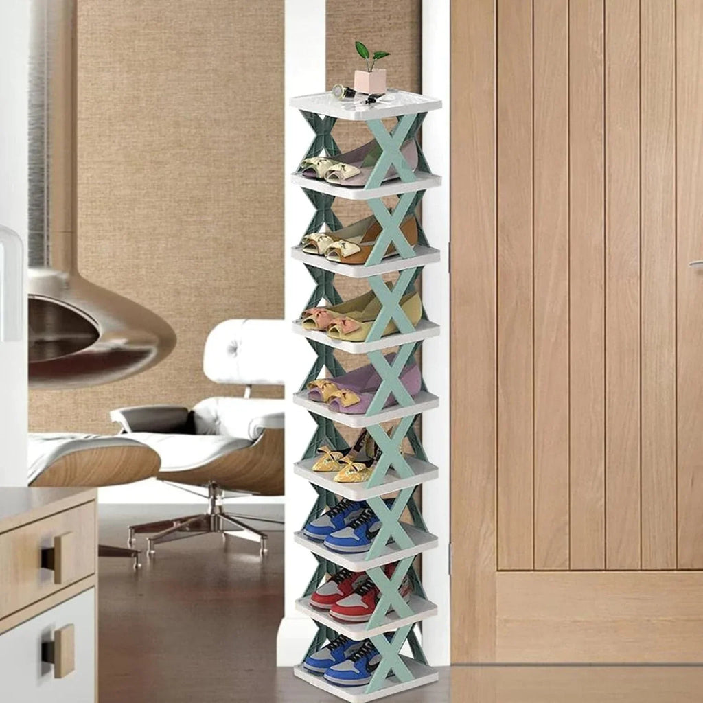 Tall shoe rack with X-design shelves holding colorful shoes in modern room
