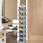 Tall shoe rack with X-design shelves holding colorful shoes in modern room