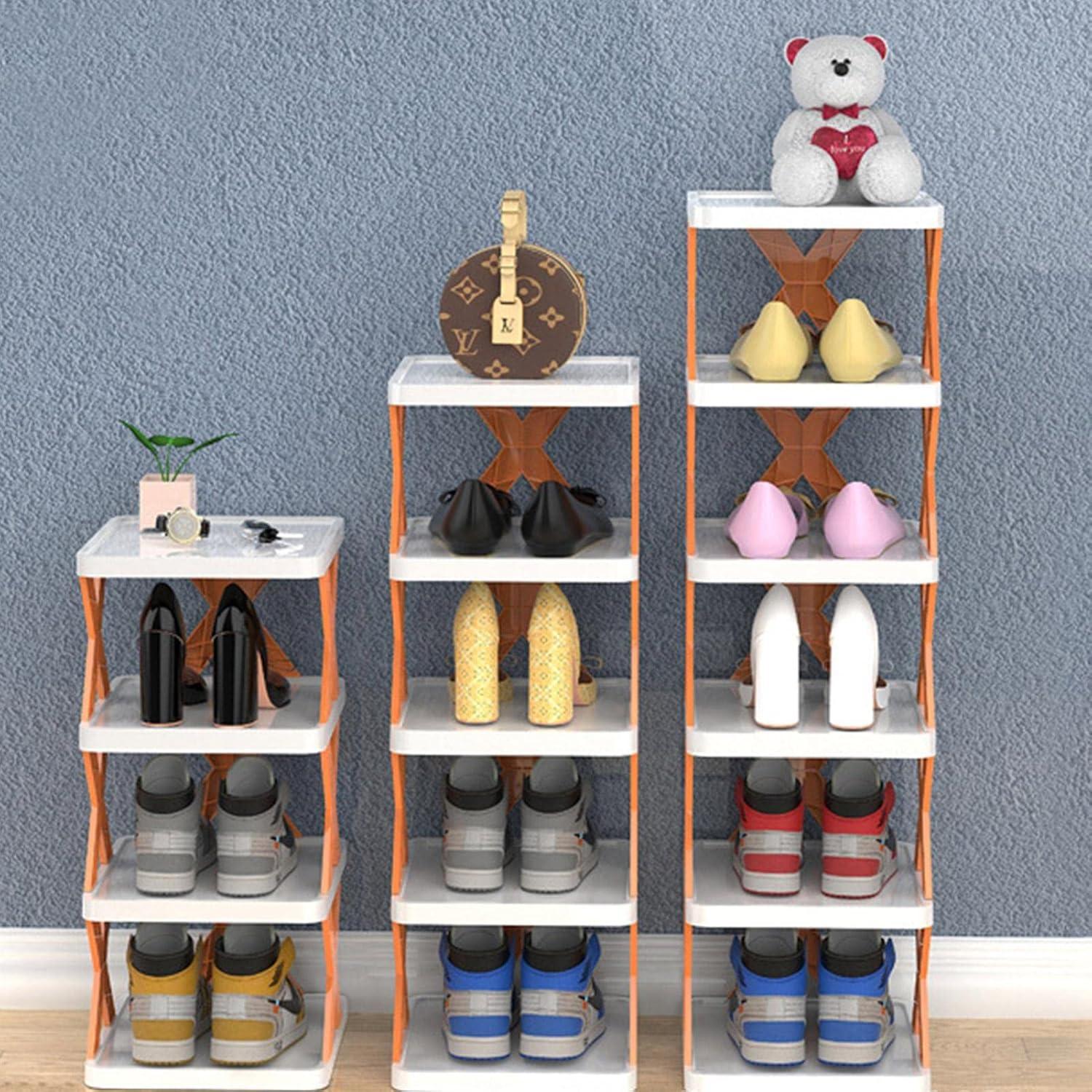 Multi-tier shoe rack with organized sneakers, heels, and accessories against a textured blue wall.