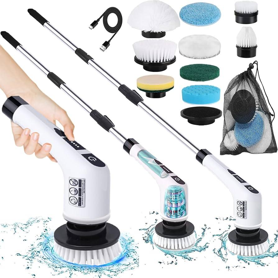 Cordless electric scrubber with interchangeable brushes and cleaning attachments for versatile home use