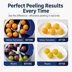 Effortless fruit peeler: yellow tomatoes and plums peeled perfectly in seconds — before and after results