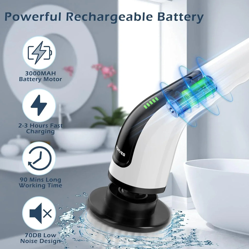 Rechargeable electric toothbrush with 3000mAh battery, fast charging, 90 mins runtime, and low noise design