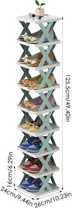 Multi-tier shoe rack with X-frame design, holding various shoes and decor, space-saving storage solution