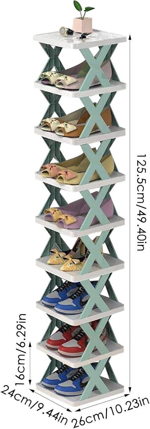 Multi-tier shoe rack with X-frame design, holding various shoes and decor, space-saving storage solution