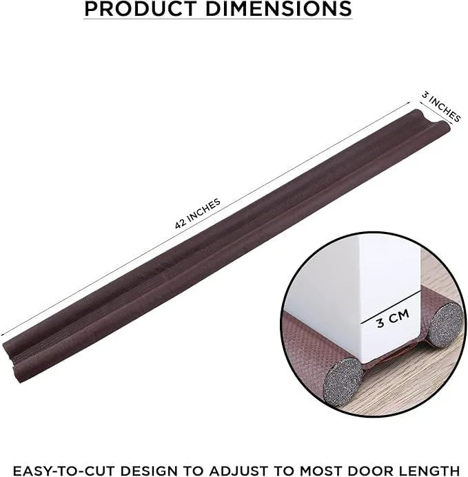 42-inch door draft stopper with 3-inch height, easy-to-cut design for most doors, shown with floor seal detail