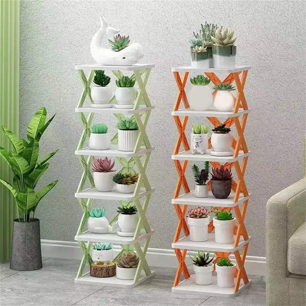 Modern tiered plant stands with succulents, perfect for indoor garden decor and space-saving organization.