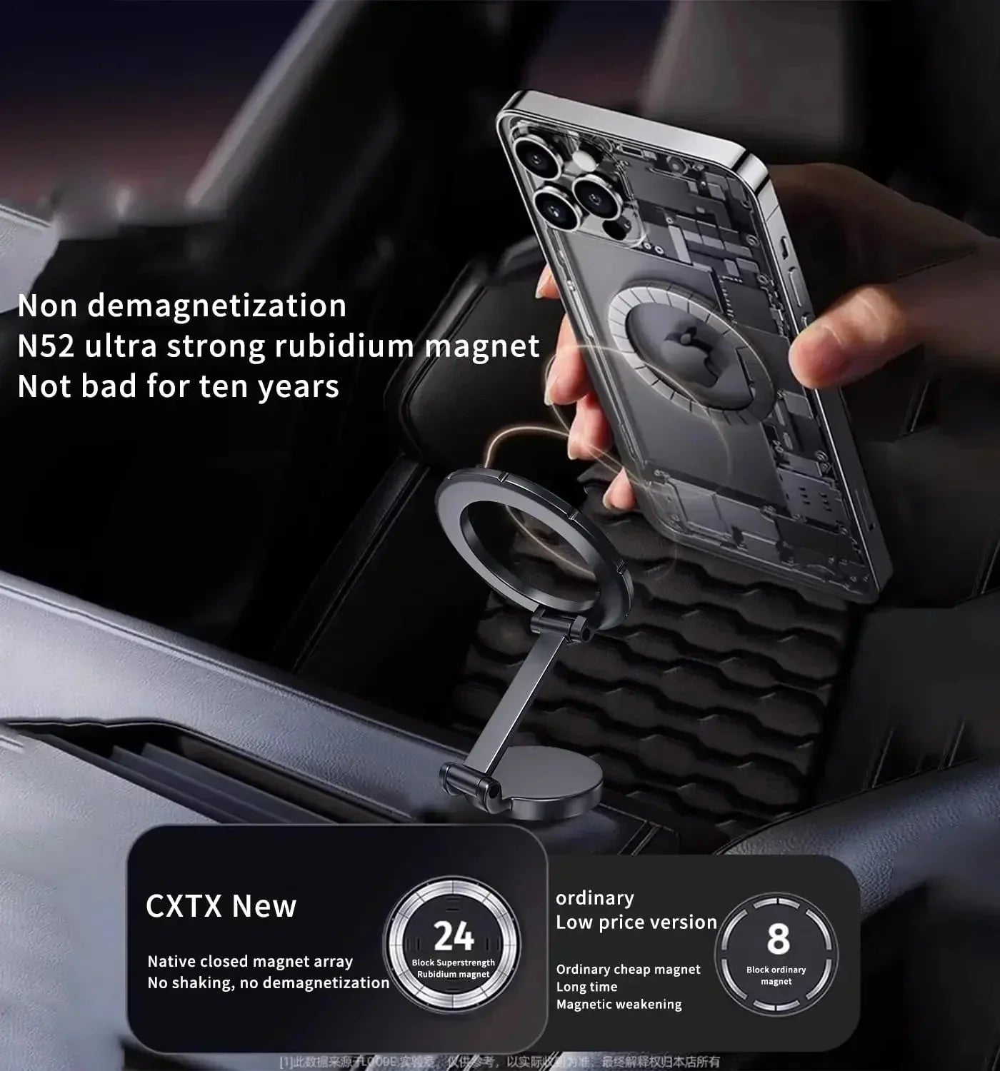 Strong N52 rubidium magnet car phone holder with anti-shake design, perfect for secure in-car mounting.