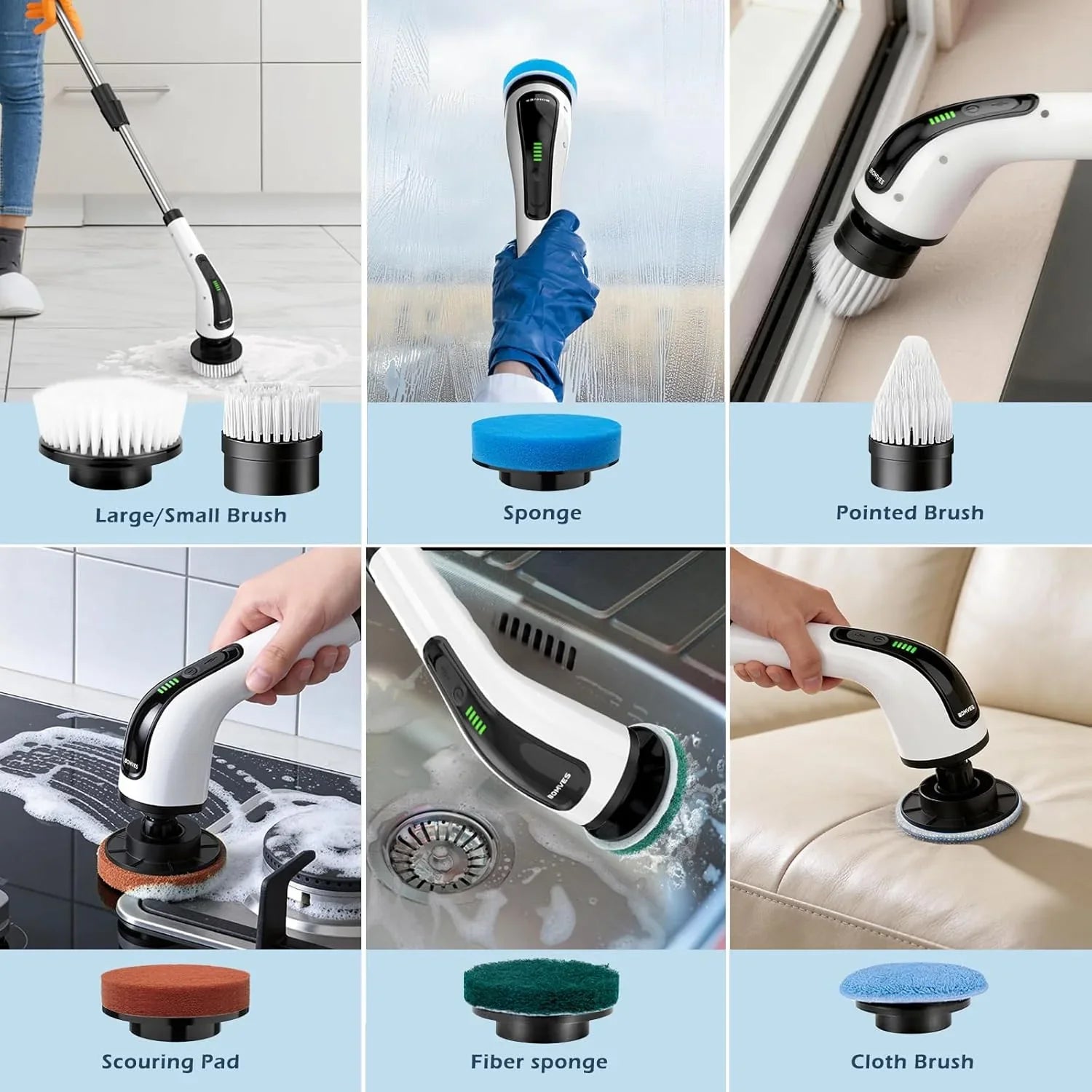 Multi-surface electric cleaning brush with interchangeable heads for floors, glass, kitchen, and upholstery