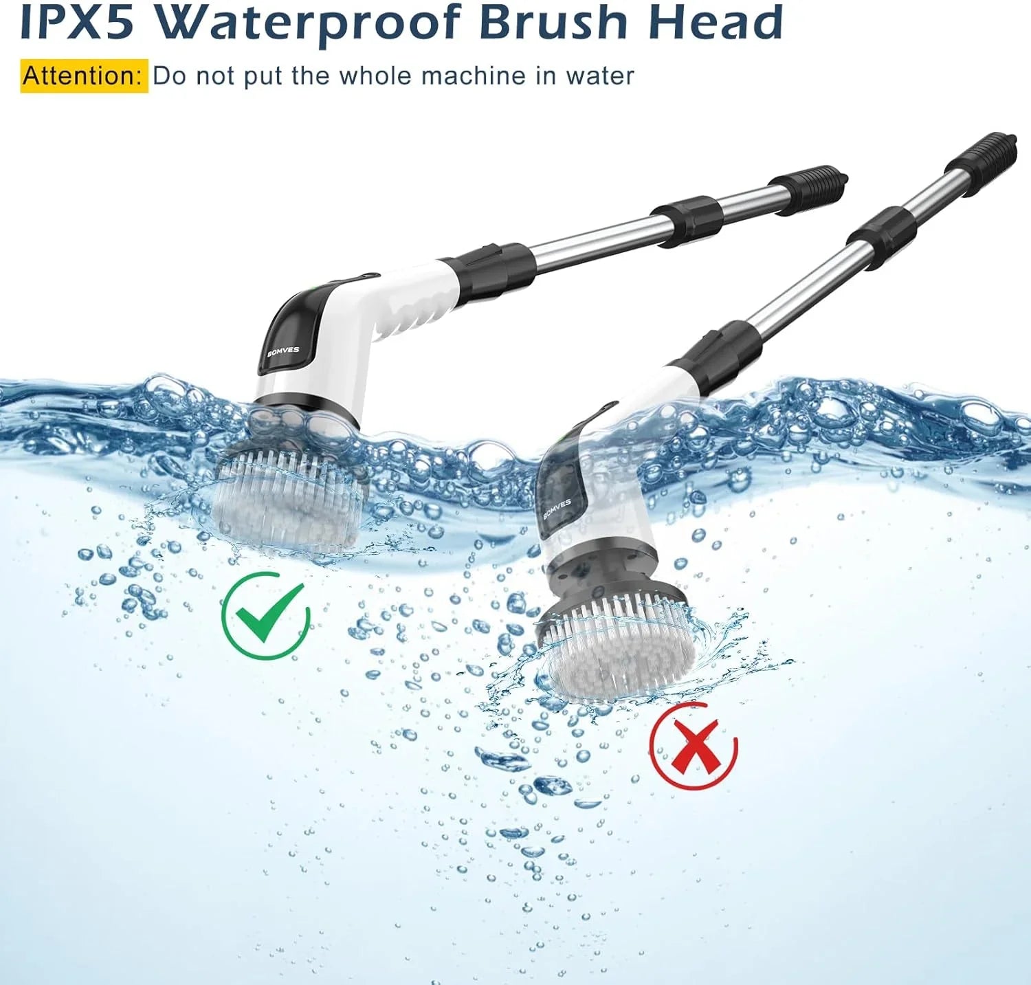 IPX5 waterproof brush head for cleaning tools, shown in water with usage indicators