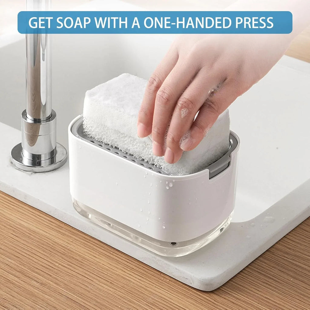 One-handed soap dispenser with sponge, kitchen sink accessory for easy soap access