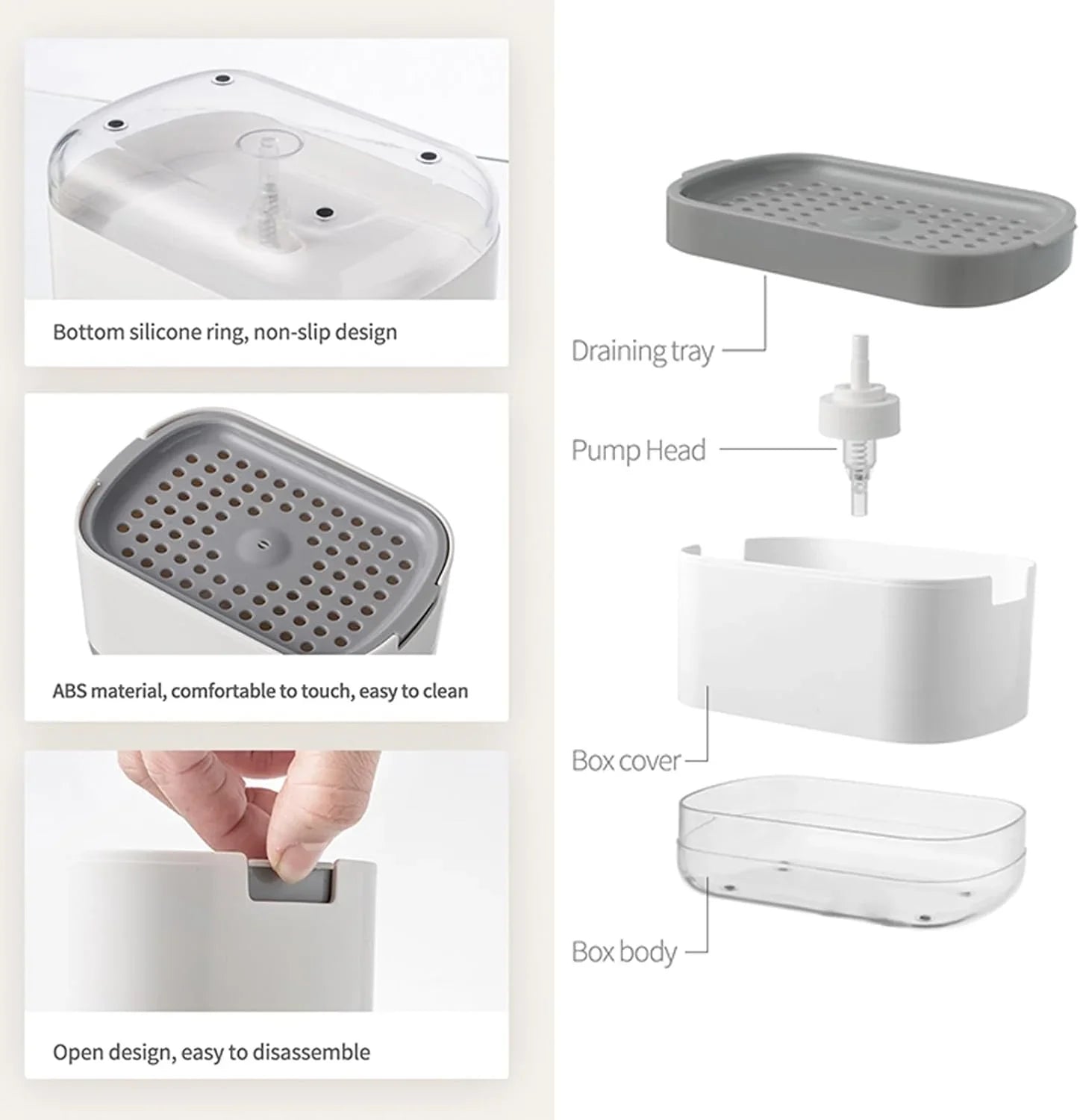 Modular soap dispenser with silicone ring, ABS draining tray, pump head, and easy-clean design