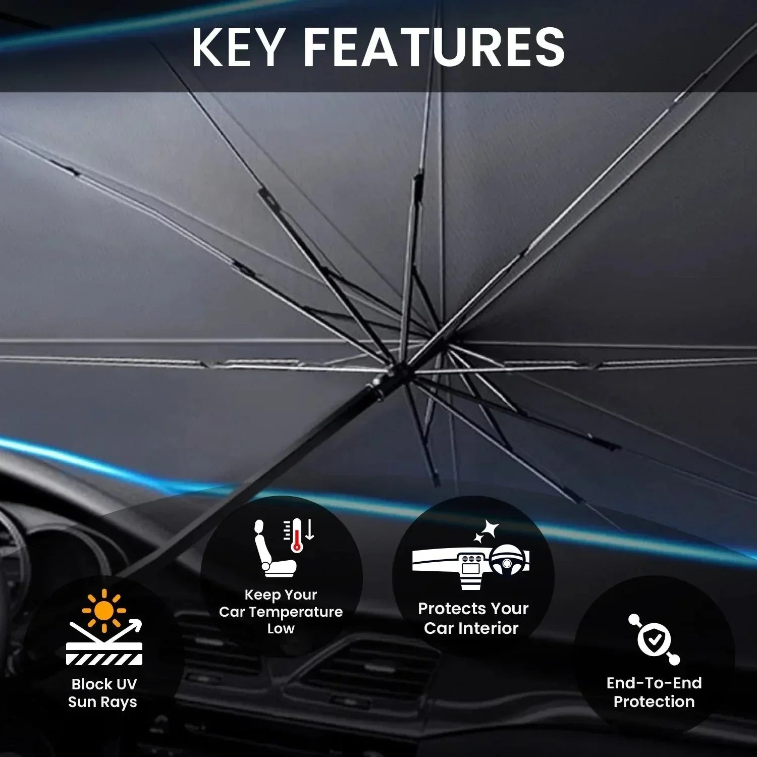 Car sunshade with UV protection, keeps interior cool and shields from sun rays